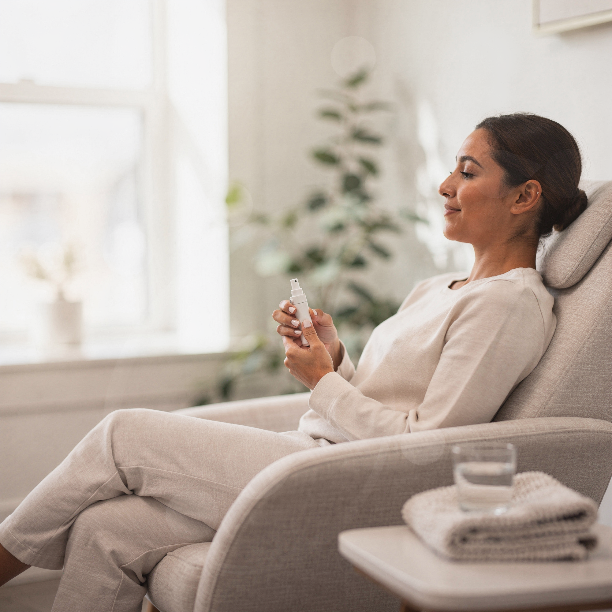 Patient seated comfortably in a clinical chair holding a Spravato nasal spray device during treatment